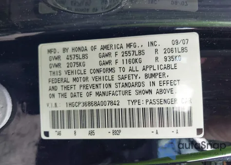 2008 Honda Accord 3.5 Ex-L from USA, damaged, VIN 1HGCP36868A007842